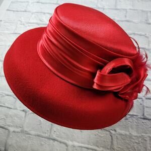 Red Wool Ladies Hat with Ribbon Trim & Feathers